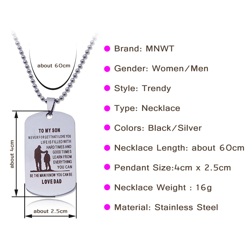 MNWT TO MY SON Stainless Steel Pendant Necklaces Engrave Name Love Dad/Mum ID Tag/Army Tag Pendant Necklace