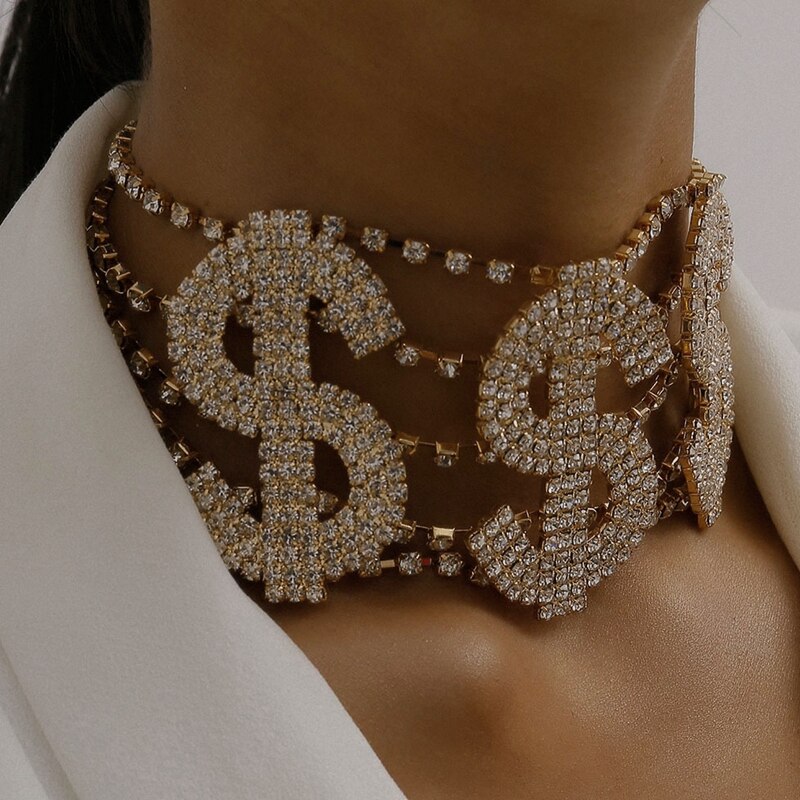 MOGAKU Exaggerated Dollar Pattern Clavicle Necklace for Women Punk Zircon Necklace Men Full Crystal Choker Jewelry