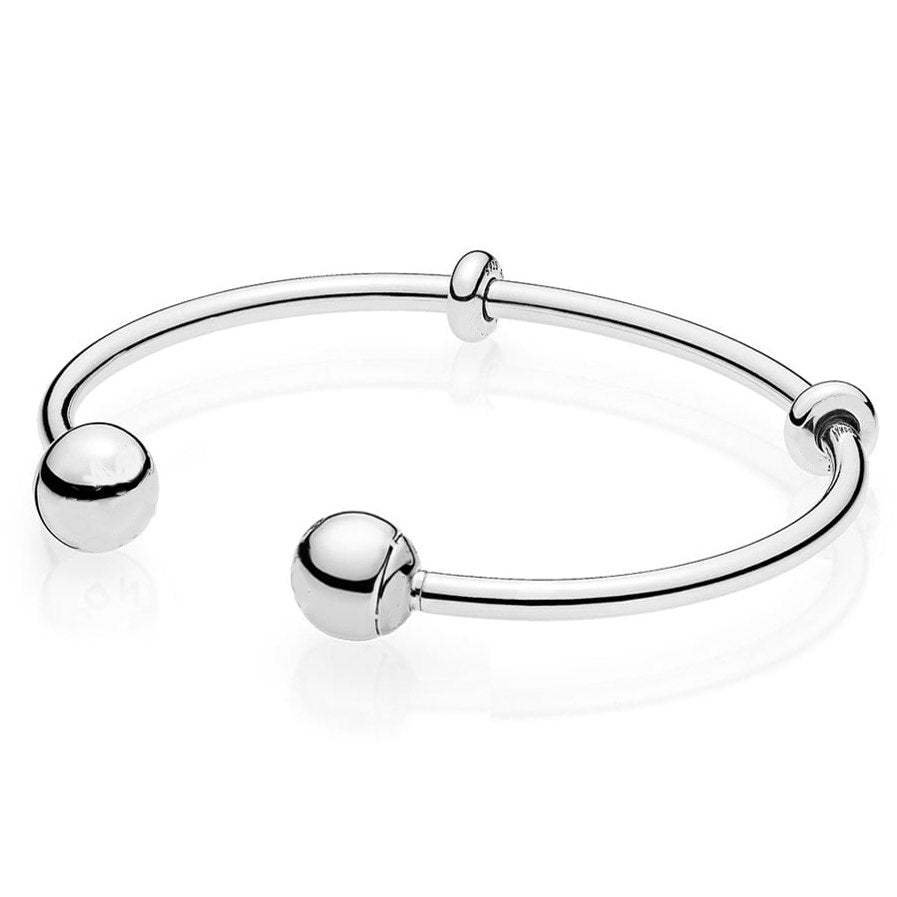 MOMENTS Open Bangle Shimmering Pave & Logo Caps WIth Cubic Zirconia Bangle Fit Pandora Bracelet 925 Sterling Silver Bead Charm