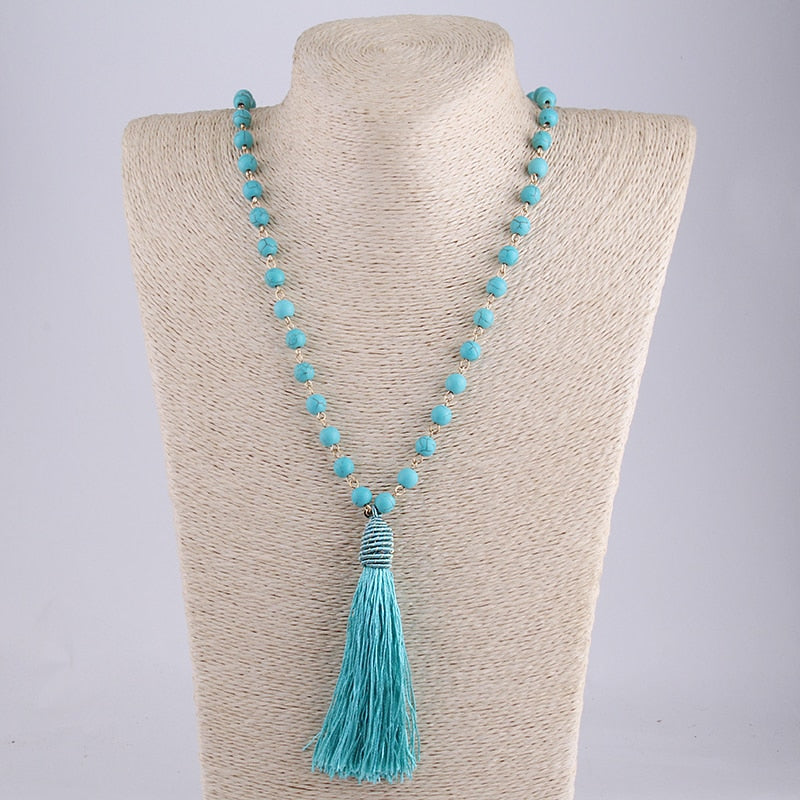Fashion Bohemian Tribal Artisan Jewelry Turquoises Blue Stone needle Tassel Women Necklace