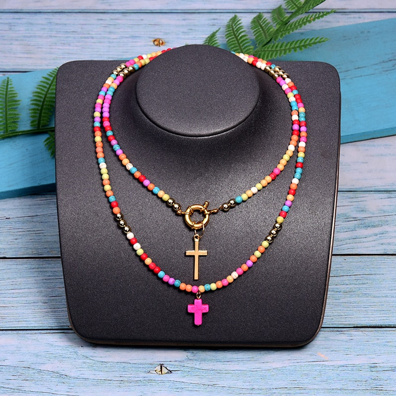 MOON GIRL 85cm Long Cross Pendant Necklace for Women  Colour Beads Boho Double Layer Statement Femme Choker
