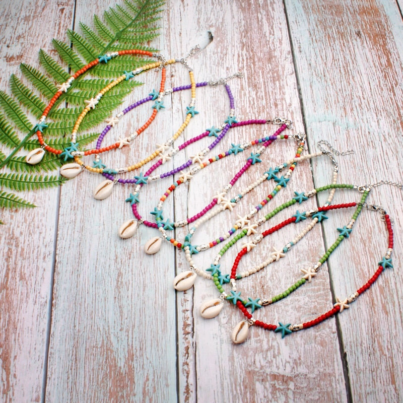 MOON GIRL Puka Shell Pendants Necklace for Women Starfish Colorful Beads Choker Collier Femme Vintage Bohemian Jewelry Dropship