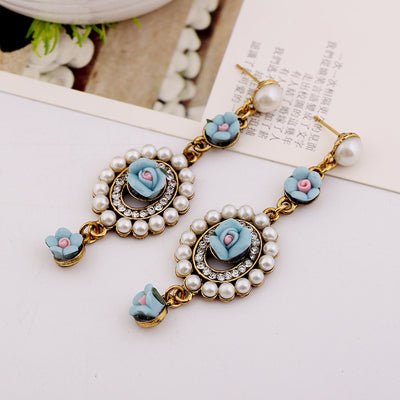 Drop Shipping Fashion Jewelry Wholesale Rose Gold Color Earrings For Women Imitation Pearl earrings long rose flower