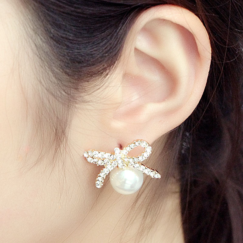 Rose Gold Color Austrian Crystal Fashion Imitation pearl bowknot crystal earrings for women Gift