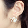 Rose Gold Color Austrian Crystal Fashion Imitation pearl bowknot crystal earrings for women Gift