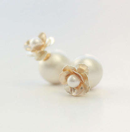 Rose Gold Color Fashion Crystal imitation pearl earrings sweet color flower two sides earring for women
