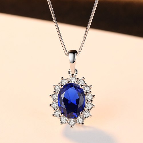 7mm*9mm Oval Shape Solitaire Natural Sky Blue Topaz Stone Pendant 925 Sterling Silver Charms Chain Necklace for Women