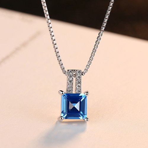 925 Sterling Silver Cushion-Cut Genuine Sky Blue Topaz Pendant Necklace With 40+5cm Box Chain Fine Silver Jewelry SN0106