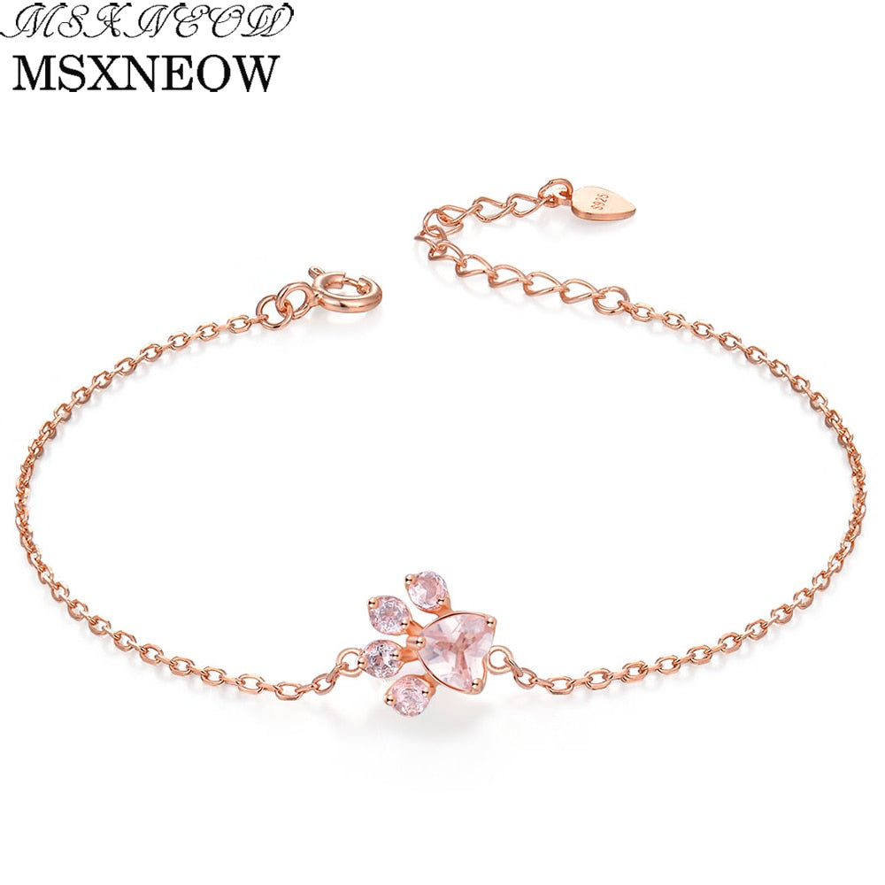Bear's Paw 100% Natural Heart Pink Rose Quartz 925 Sterling Silver fine Jewelry Chain Charm Bracelet for woman LMHI005