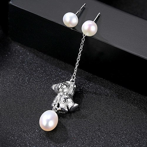 Dangle Earrings Silver 925 With Pearls For Women Cute Korean Bear Statement Long Drop Earrings FE0151