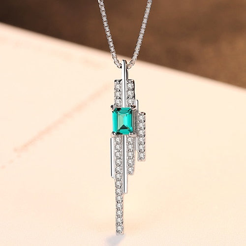 Romantic Women Pendant Charms Chain Necklace Emerald Blue-Green Dinmond Stone with Small CZ Crystal around S925 Silver