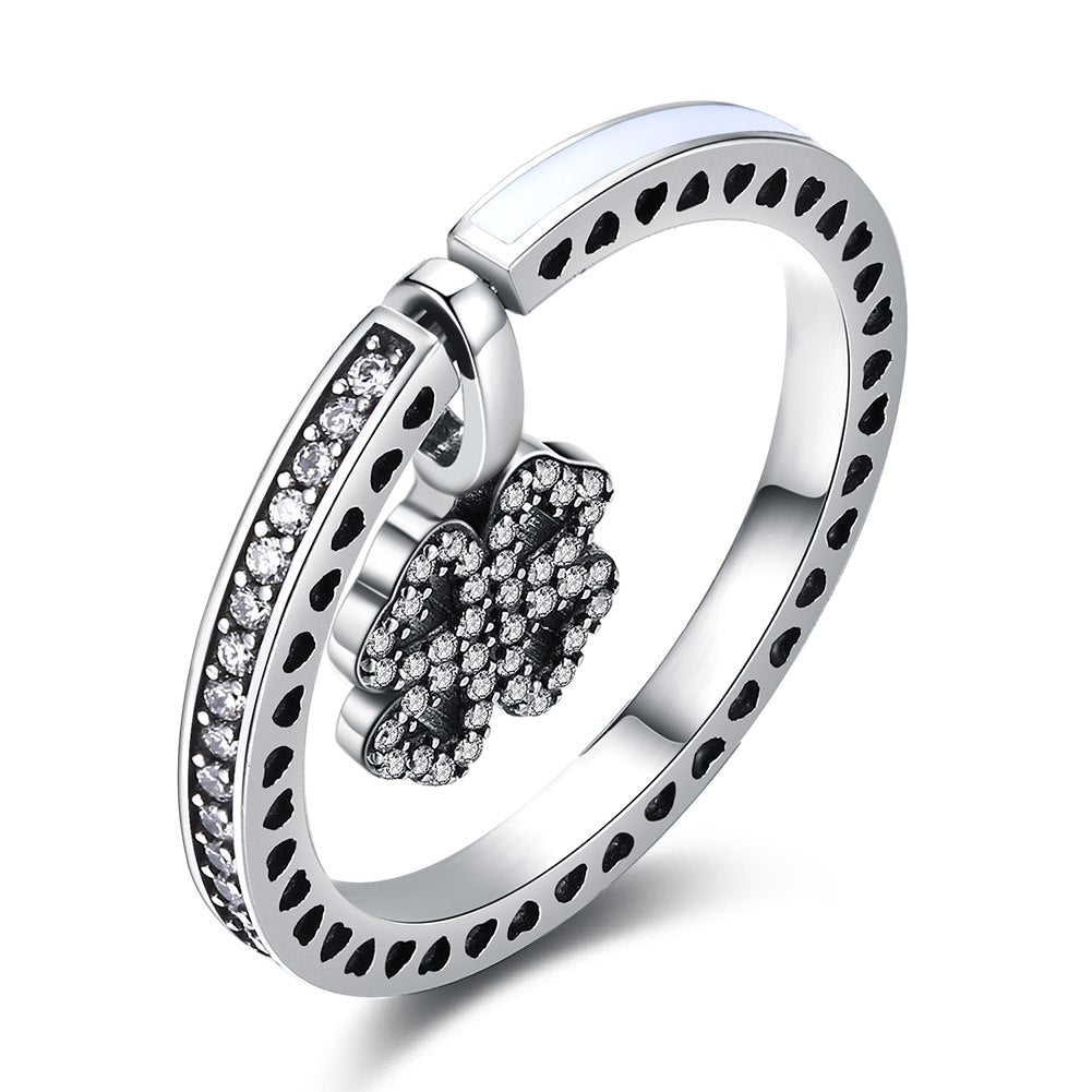 925 Sterling Silver Vintage Style Women Lucky Four Leaf Clover Heart Shaped Hollow Silver Ring DIY Jewelr SVJZ6243