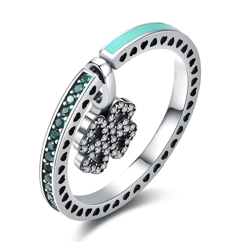 925 Sterling Silver Vintage Style Women Lucky Four Leaf Clover Heart Shaped Hollow Silver Ring DIY Jewelr SVJZ6243
