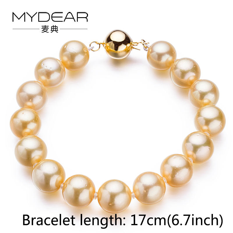 MYDEAR Women Bracelet Vogue 100% Real 9-10mm Golden Seawater Pearl Bracelets,7.5inch,Perfectly Round,High Luster,Hot Sale