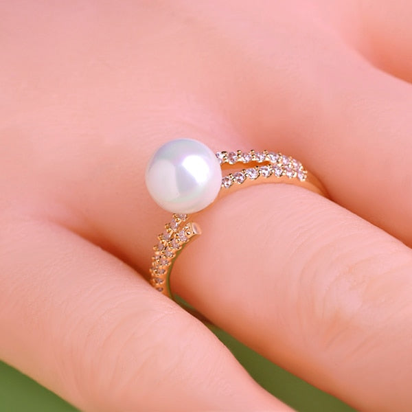 Simulated Pearl Wedding Rings Women Crystal Bridal Jewelry Joyas Ouro Gold silver color Anel Anillos Anneau Bijuterias