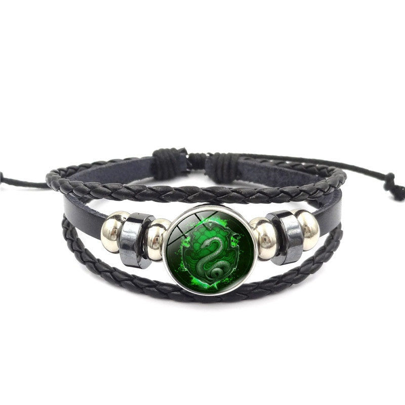 Magic School Salazar Slytherin Glass Buckle Charm Bracelet  Jewelry Handmade DIY Multilayer leather wrap bracelet