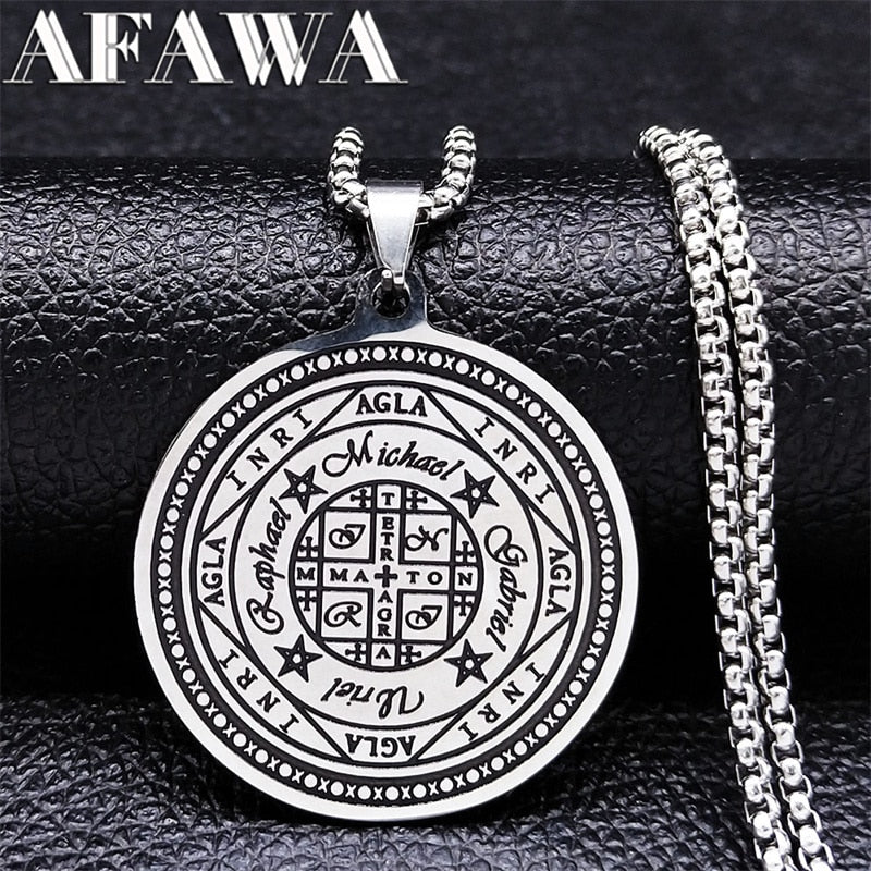 Magic Talisman Stainless Steel Necklace wheel of fortune (Agla-INRI) Protection of angel Silver Color Necklace Jewelry N3703S02