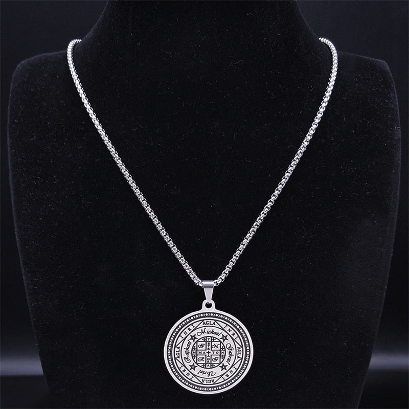 Magic Talisman Stainless Steel Necklace wheel of fortune (Agla-INRI) Protection of angel Silver Color Necklace Jewelry N3703S02