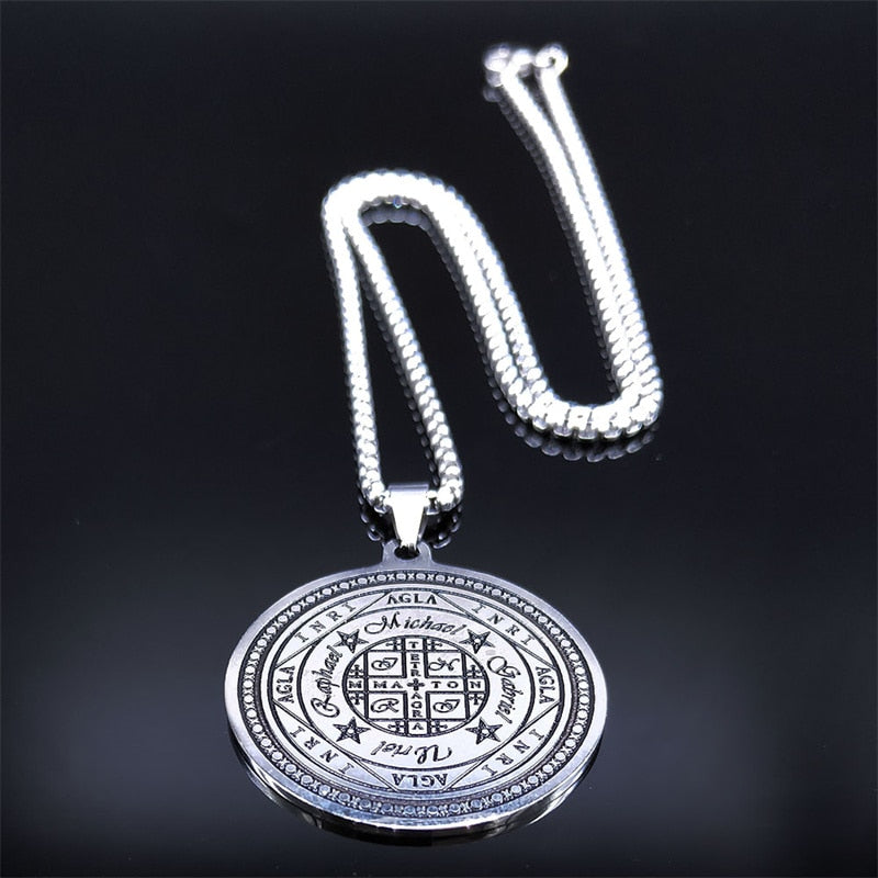 Magic Talisman Stainless Steel Necklace wheel of fortune (Agla-INRI) Protection of angel Silver Color Necklace Jewelry N3703S02