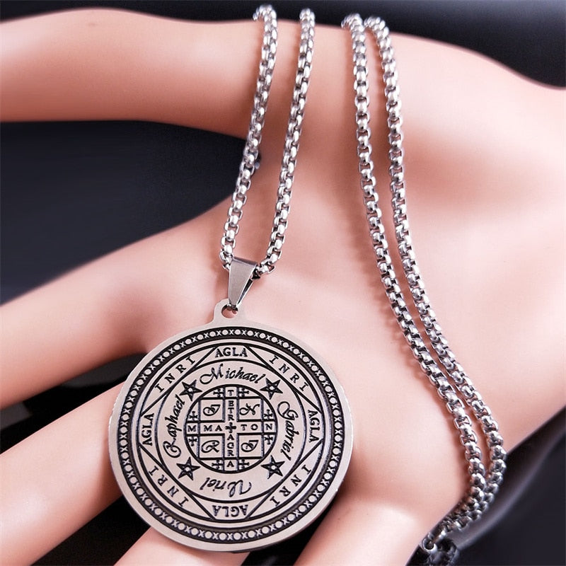 Magic Talisman Stainless Steel Necklace wheel of fortune (Agla-INRI) Protection of angel Silver Color Necklace Jewelry N3703S02