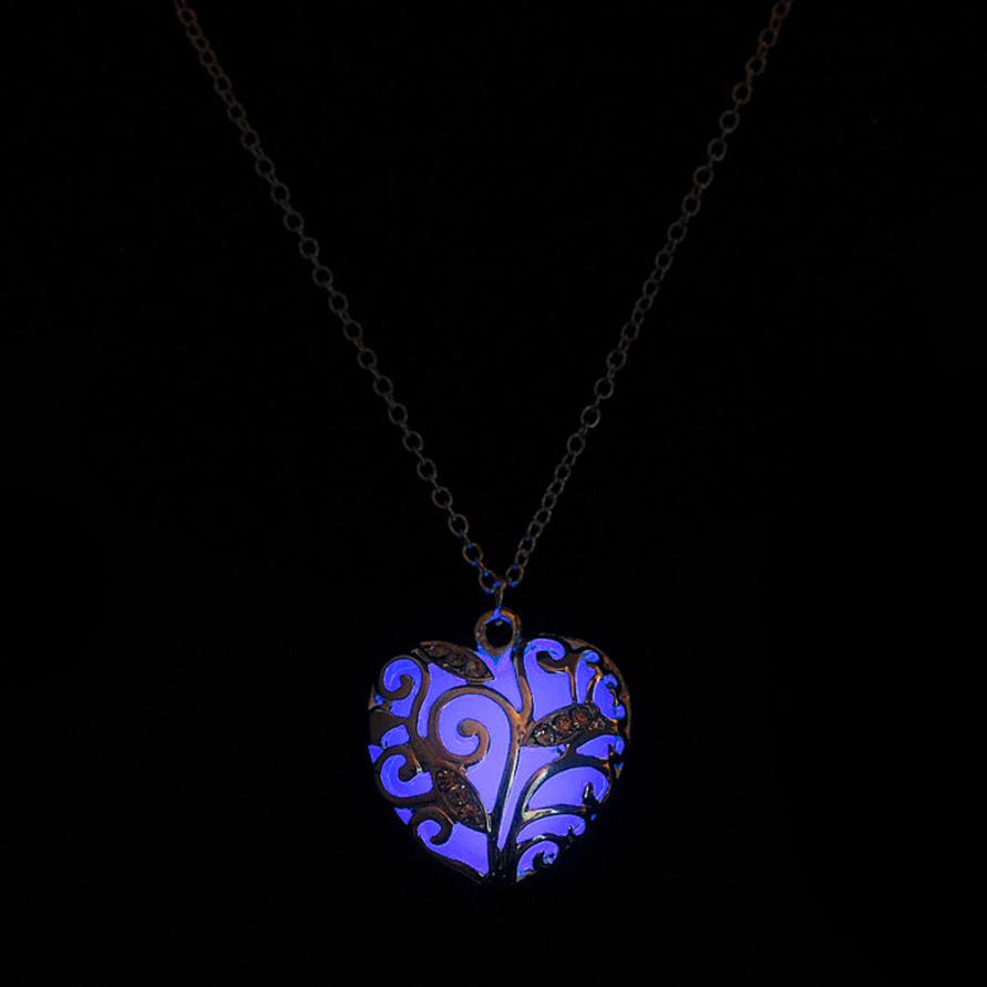 Magical Aqua Purple Heart Glow In The Dark Pendant Necklace Gift Peach heart mosaic Luminous necklace #910