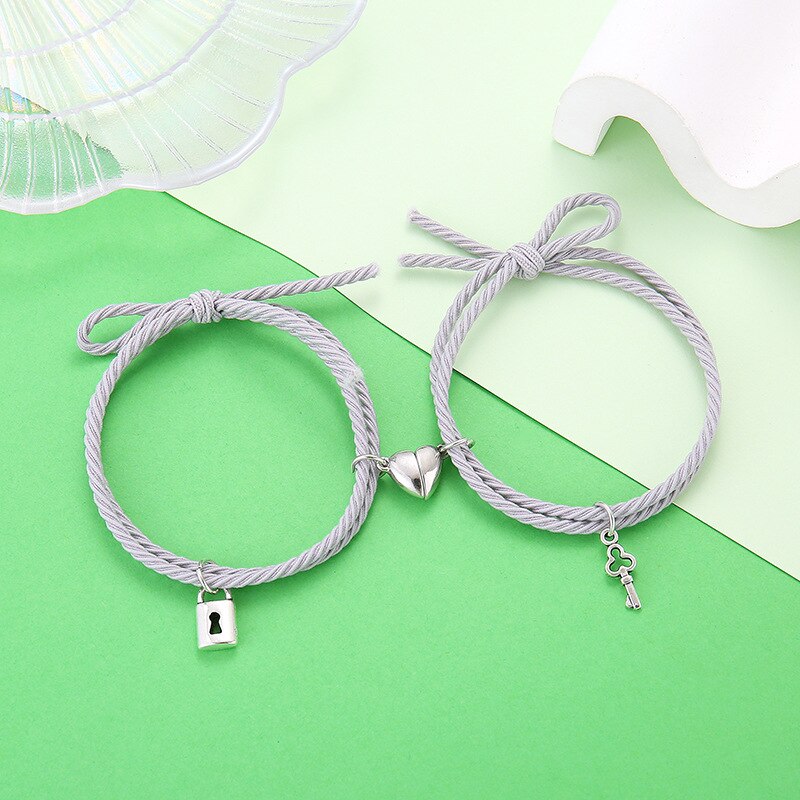 Magnet Couple Bracelets For Lovers Lock Heart Magnetic Bracelet For Women Men Braided Rope Wrist chain Minimalist Jewelry Gift