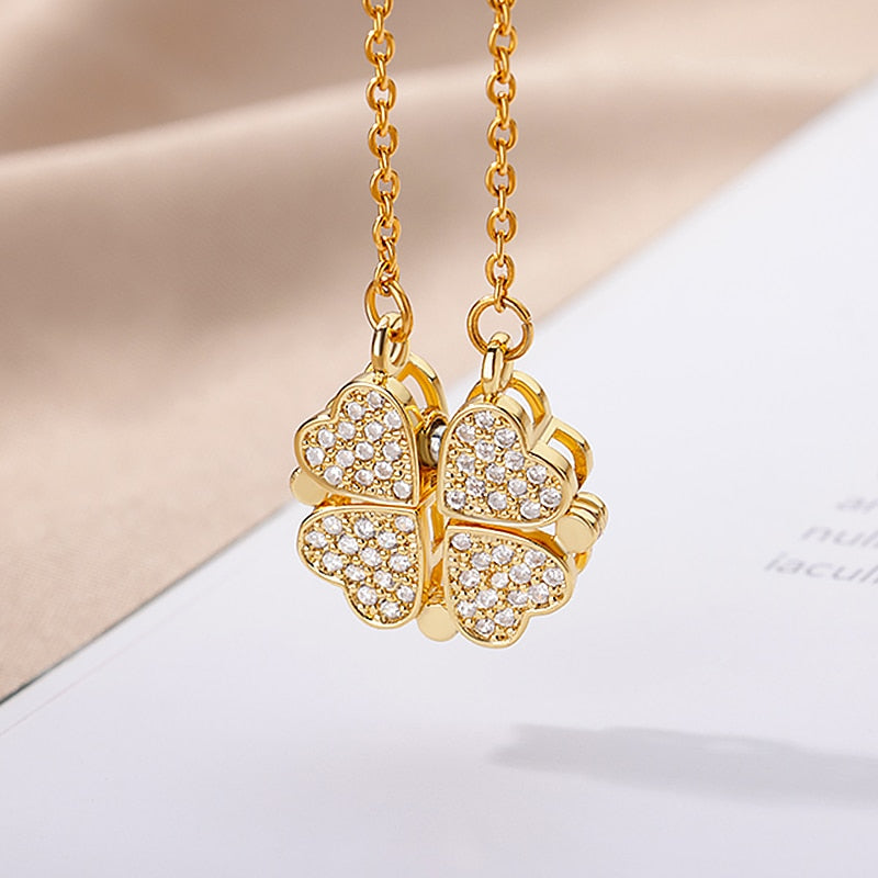 Magnetic Four-leaf Clover Heart Pendant Necklace for Women Stainless Steel Long Chains Necklaces Lucky Aesthetic Jewelry collier