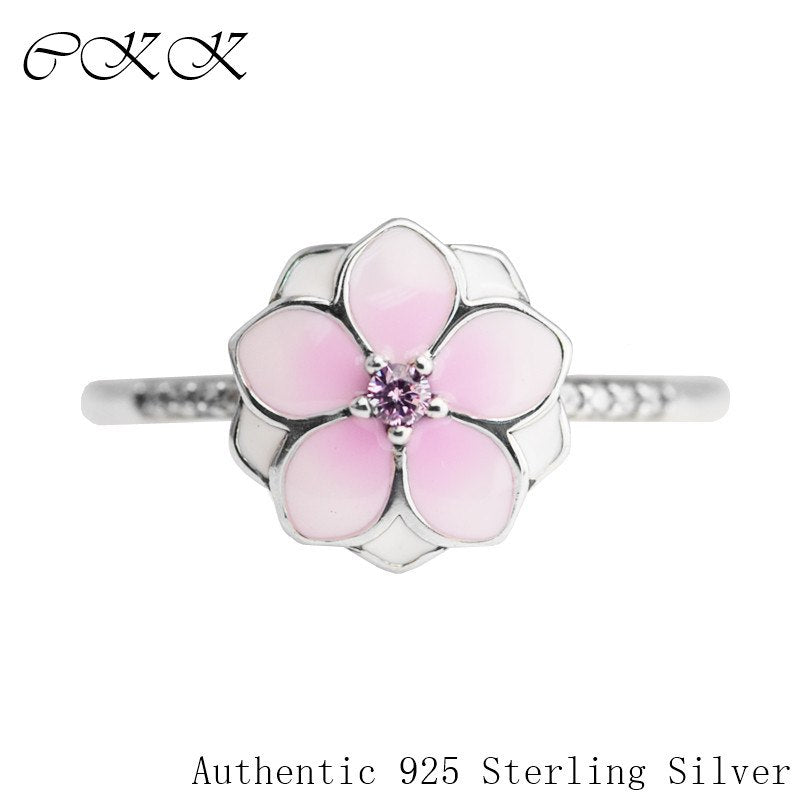 Magnolia Bloom Ring With 925 Sterling Silver Pale Cerise Enamel & Pink CZ for Women DIY Fine Jewelry SR116
