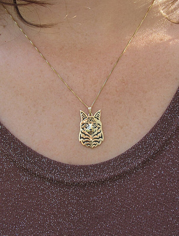 Maine Coon Cat necklace  Handmade necklace Carved hollow pendant jewelry golden colors plated fast delivery
