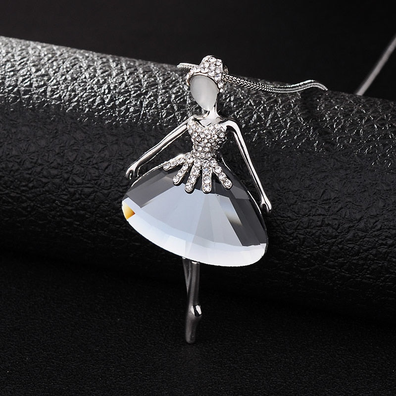 Mainstream charm Silver Ballet girl Crystal opal Personality angel sweater chain Necklace for women girl Fine jewelry pendant