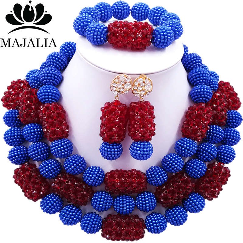 Classic Fashion Nigerian Wedding African Jewelery Set Blue and Wine burgundy Crystal Necklace Bride Jewelry Sets 3SZ025