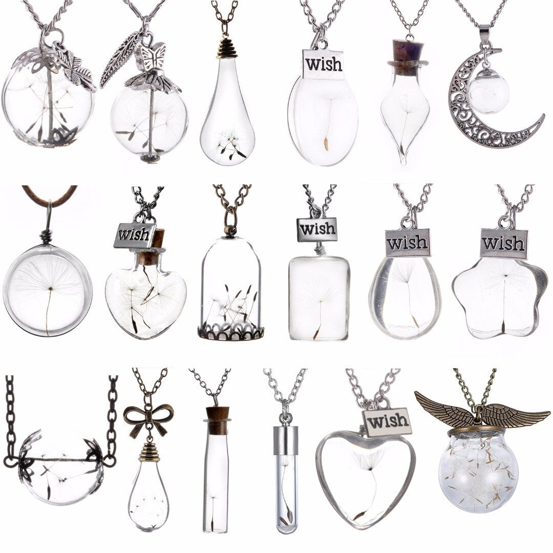 Make A Wish Transparent Glass Wishing Bottle Necklace Pendant For Women Bohemian Natural Dandelion Seed in Glass Chain
