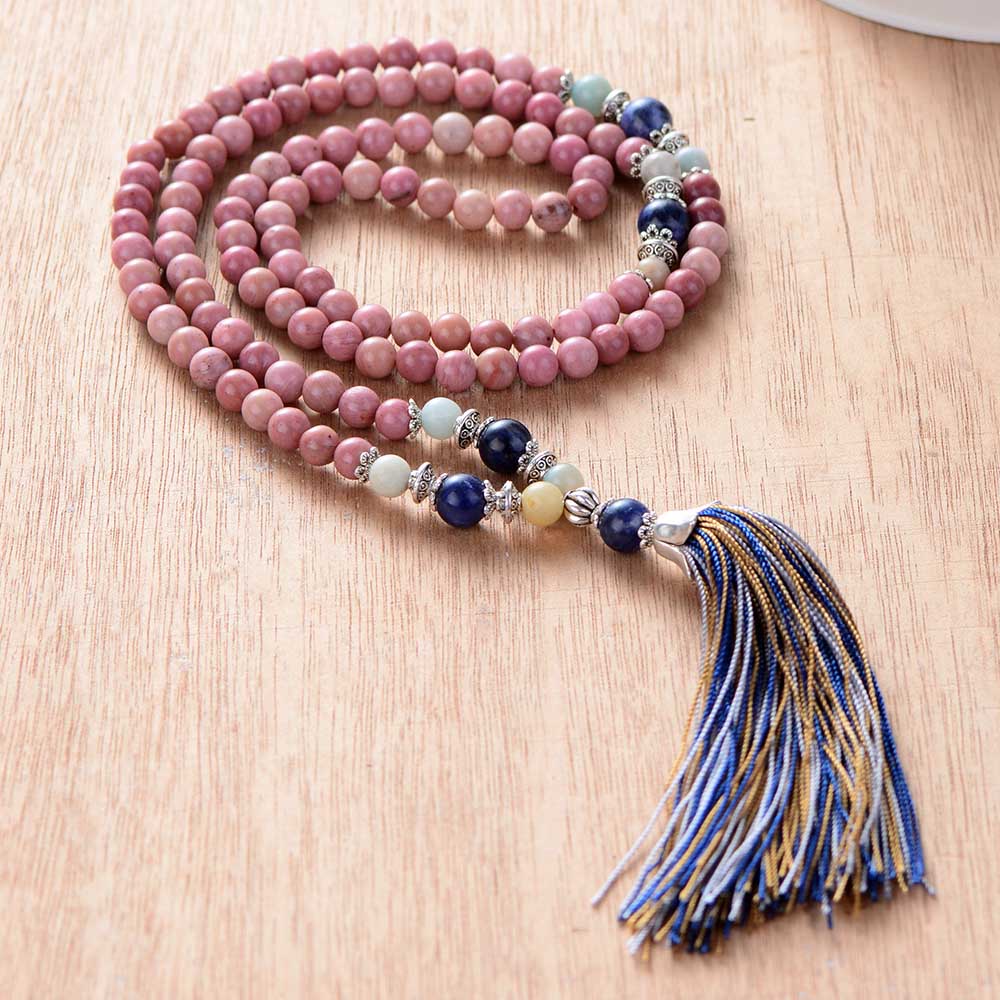 Mala Necklace Unique Rhadonite Stone with Colorful Tassel 108 Beads Necklace Bohemia String Knotted Women Yoga Necklace