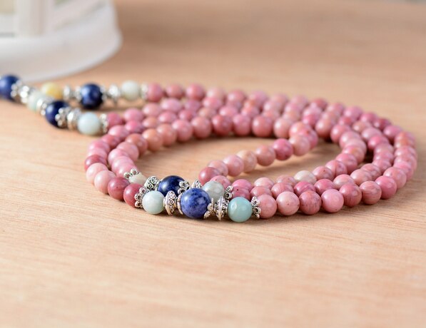 Mala Necklace Unique Rhadonite Stone with Colorful Tassel 108 Beads Necklace Bohemia String Knotted Women Yoga Necklace