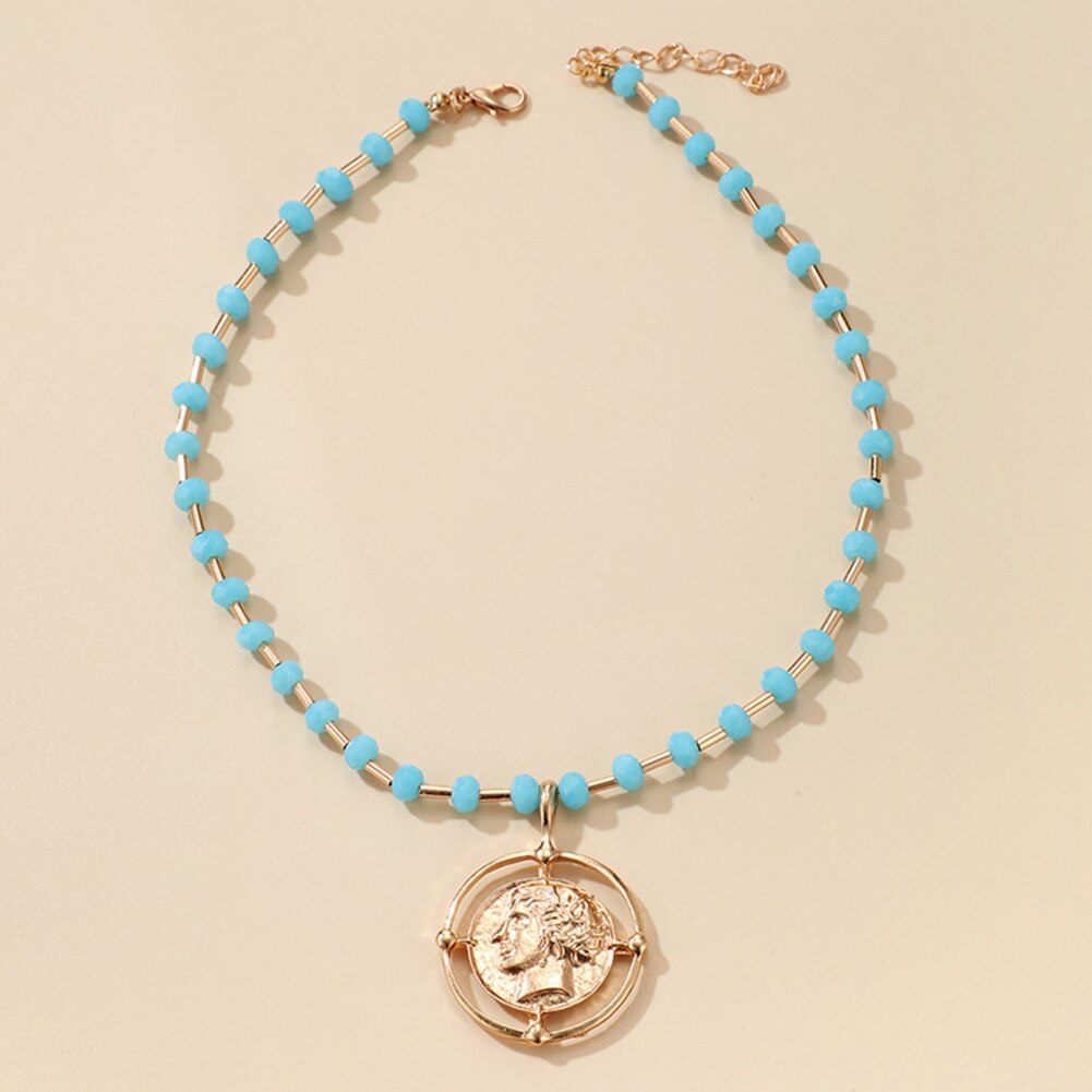 Malachite Alloy Pearl Turquoises Women Necklace Retro Green Color Stone Pendant Necklace Accessories