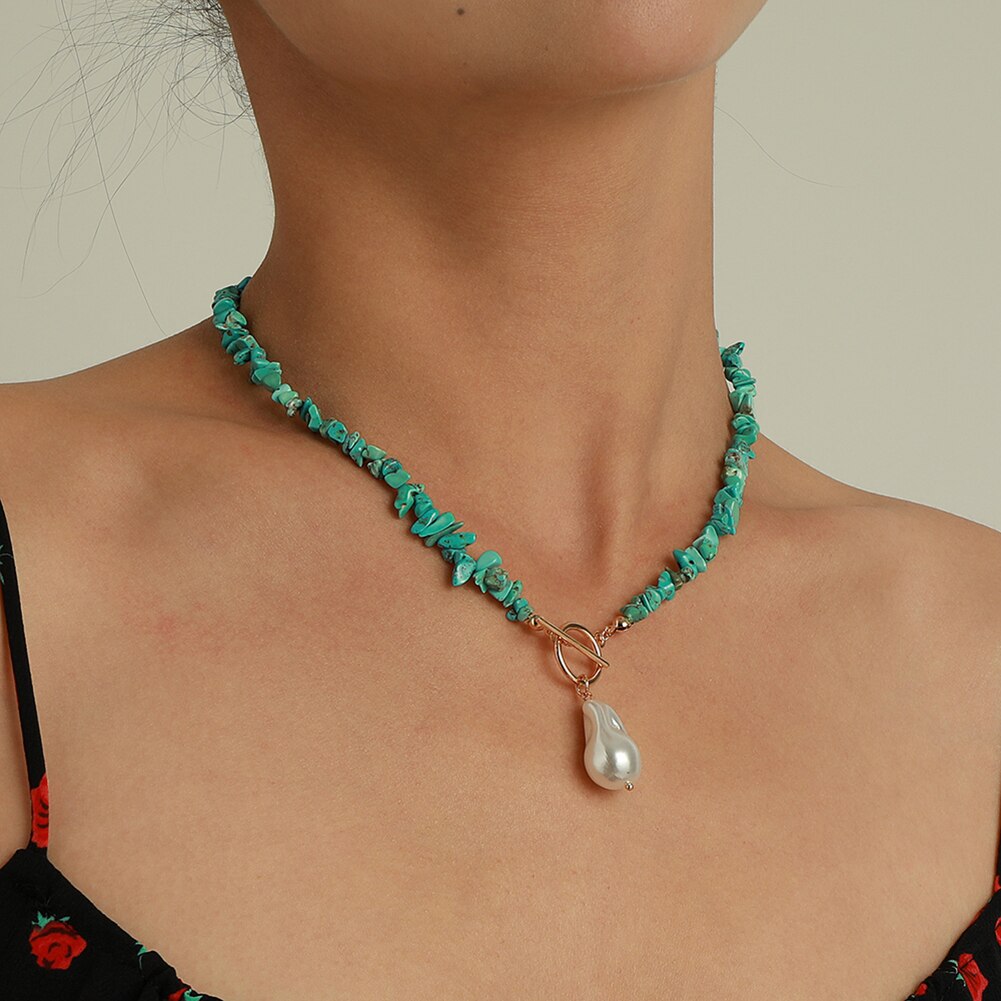 Malachite Alloy Pearl Turquoises Women Necklace Retro Green Color Stone Pendant Necklace Accessories