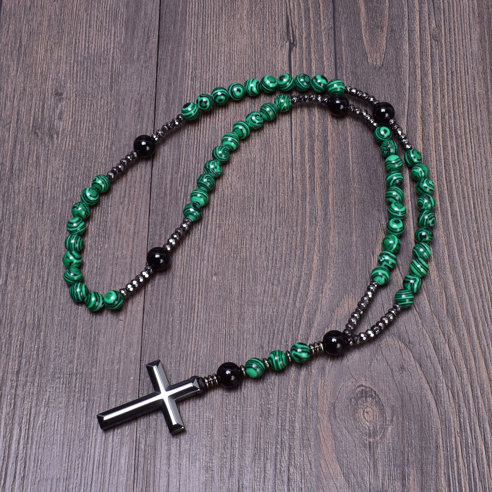 Malachite Christ Rosary Necklaces Chrysocolla Mala Jewelry Cross Pendant Necklace for Men Women