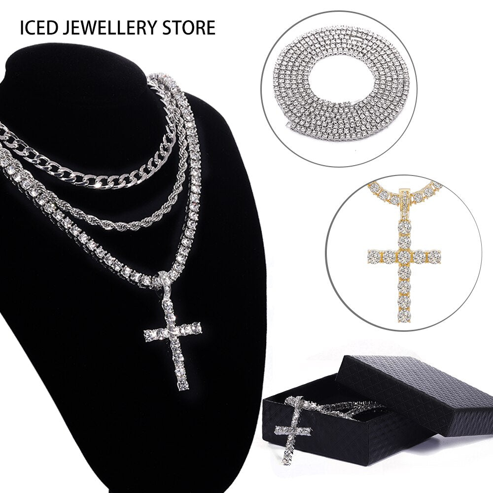 Male And Female Hip Hop Cross Pendant Necklace With 4mm Zircon Tennis Chain Ice Out Sparkling Jewelry Birthday Gift
