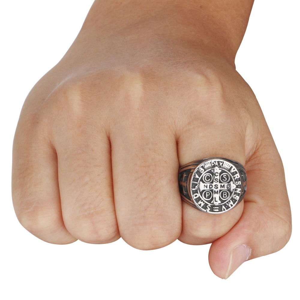 Male Church Jewelry Stainless Steel Silver Tone Cross Scripture Ring for Men Saint Benedict CSPB Weeding Ring Exorcism Gift RN01