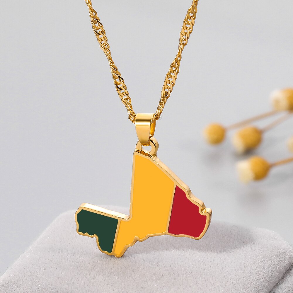 Mali Map & Flag Pendant Necklaces for Women Men Gold Color Ethnic Jewelry Colorful Enamel Republic of Mali Pendant
