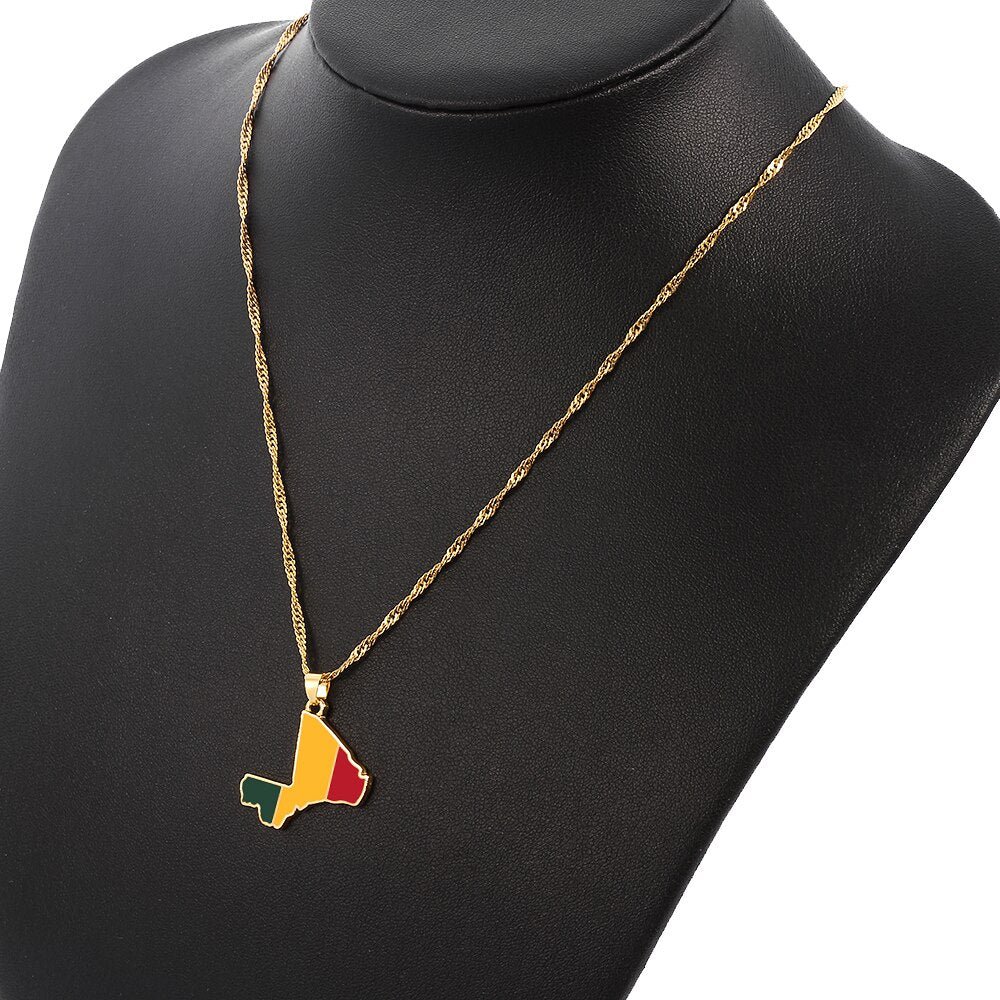 Mali Map & Flag Pendant Necklaces for Women Men Gold Color Ethnic Jewelry Colorful Enamel Republic of Mali Pendant