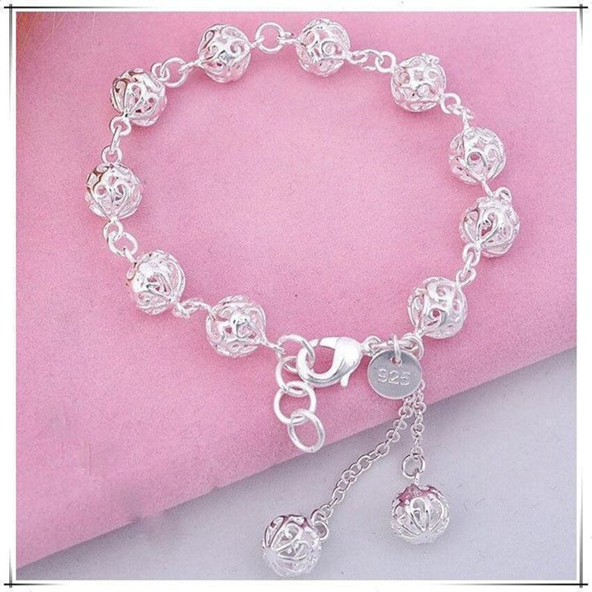 Man 925 Stamp Silver Color Chain Hollow 10mm Ball Bracelets Beads Bangles Party Retro Jewelry Accessories For Women Christmas