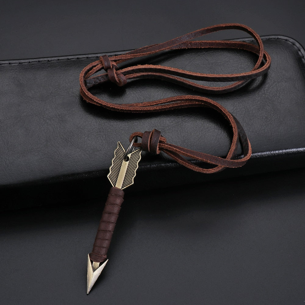 Man Necklace Handmade Vintage Leather Arrow Pendant Necklace Rope Chain Necklaces Men&Women Punk Jewlery Accessories