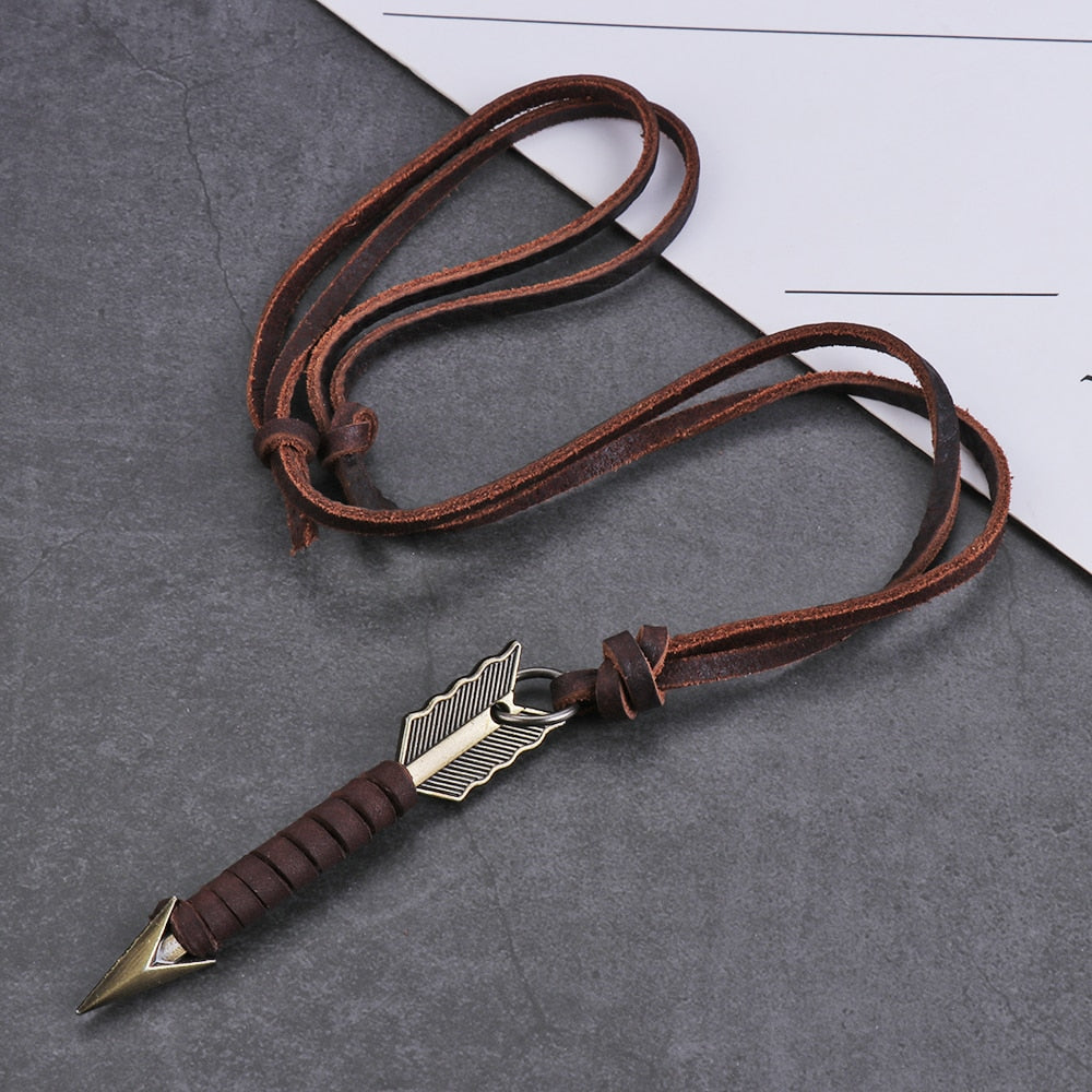 Man Necklace Handmade Vintage Leather Arrow Pendant Necklace Rope Chain Necklaces Men&Women Punk Jewlery Accessories