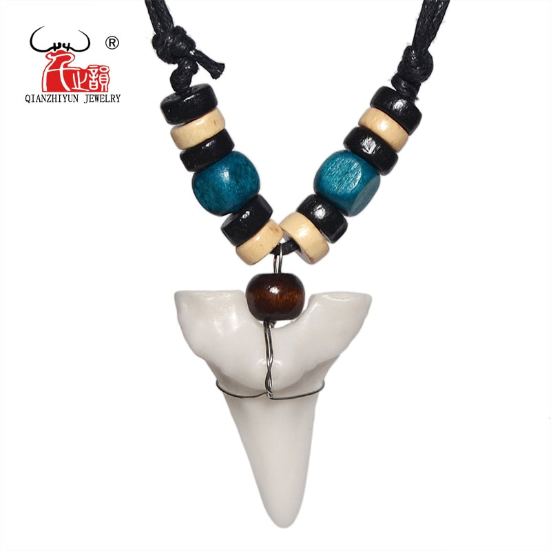 Man's Hawaii Surfer Jewelry Handmade Imitation Shark Teeth Pendant Zealand Maori Tribal Bone Choker Colored Wooden Necklace