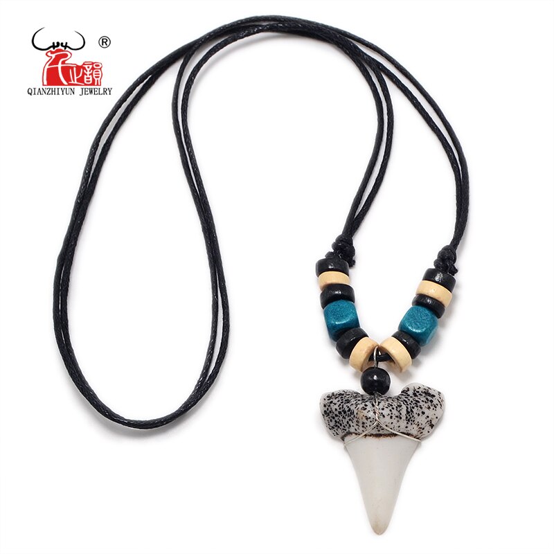 Man's Hawaii Surfer Jewelry Handmade Imitation shark teeth Pendant Zealand Maori Tribal bone Choker Colored wooden Necklace