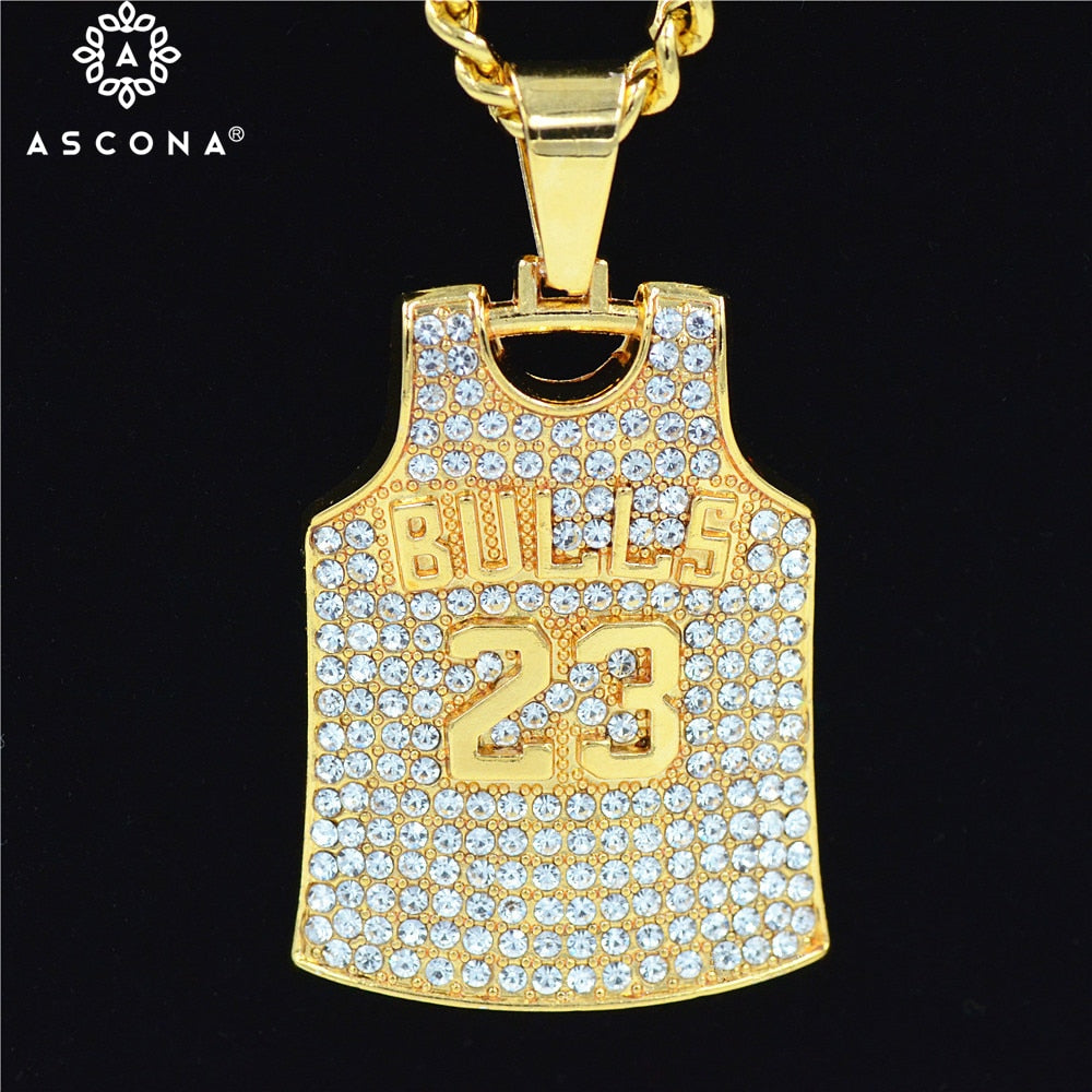 Man's Iced Out Hip Hop Bulls No.23 Jordan Basketball Jersey Pendant Necklace Gold Bling Rhinestone Cuban Chain Rapper Jewelry