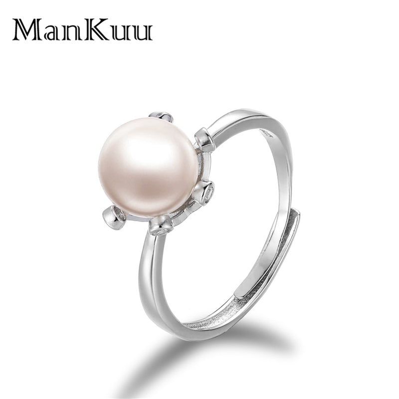 7-8mm Natural Pearl Ring Fashion Design Round Pearl Setting 925 Sterling Silver Base Adjustable Ring For Women