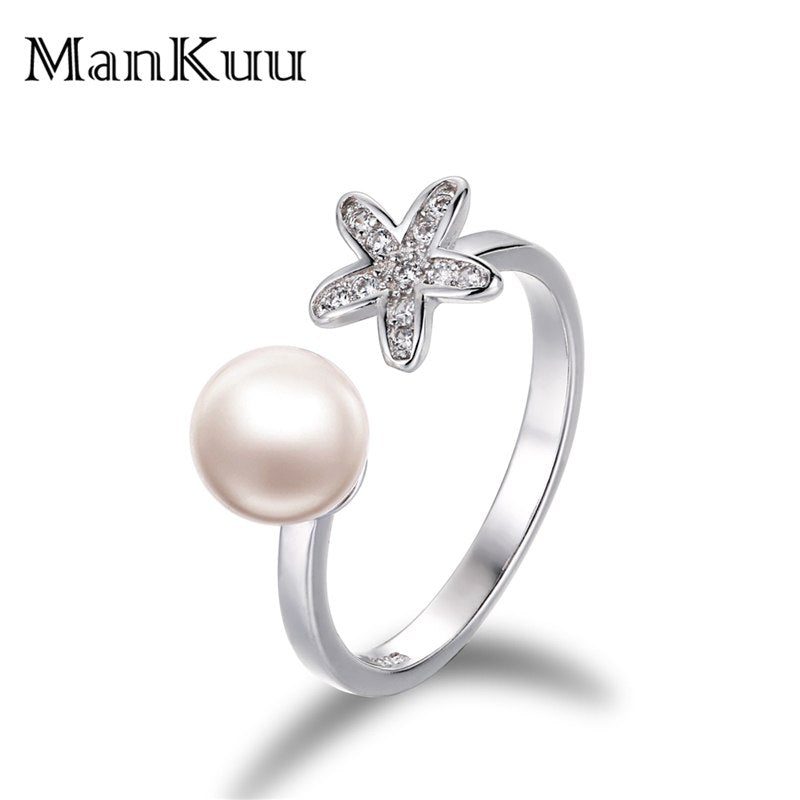 Pearl Silver Starfish Rings 6-7mm Round Natural White Pearl 925 Sterling Silver Wedding Engagement Women Rings
