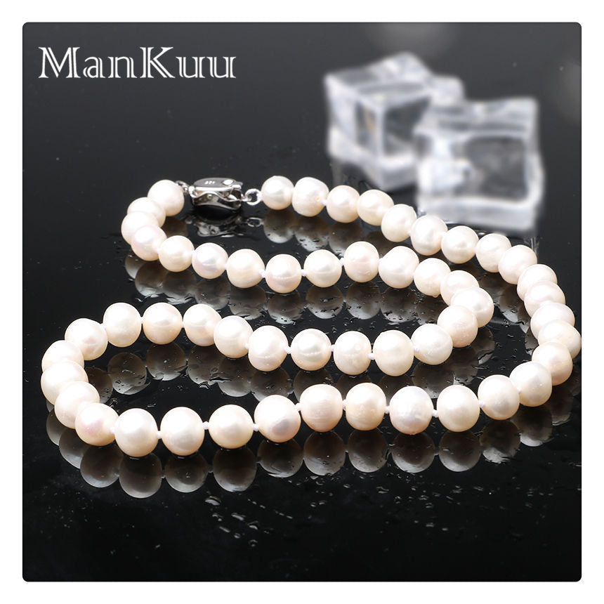 Natural Pearl Necklace 7-9mm AAA+ High Quality Round Pearl 925 Sterling Silver Buckle Chain Necklace For Women